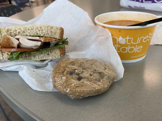 Turkey Club, tomato basil soup and chocolate chip cookie.