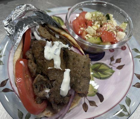 Beef and lamb Gyro with traditional Greek salad