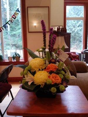 A beautiful  arrangement that greated us at our front door.