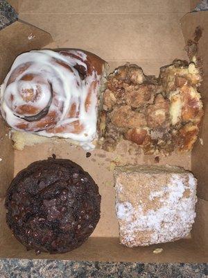 Chocolate chip muffin, coffee roll, banana pecan, coffee cake.