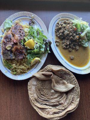 Lamb over rice and beef sauté with Somali bread