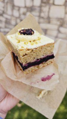 Pistachio sheet cake with blueberry preserves