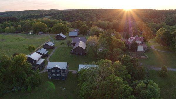 Aerial view of campus at sunset