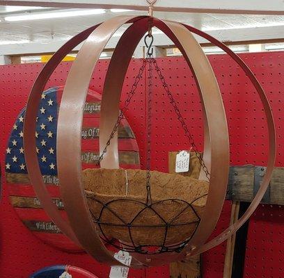 Bourbon Barrel ring hanging basket. Available Row 1, Booth 1969