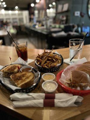 Grilled Fromage w/ Added PulledPork and Bbq Sauce w/Ketchup, Large Fry, Bistro Sauce, Ranch, 3 Beef Sliders