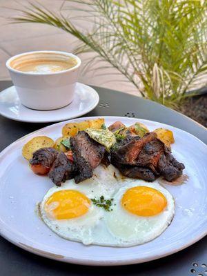 Steak + Eggs | skirt steak, olive oil potatoes, cherry tomato, watercress, green onion butter, fried eggs