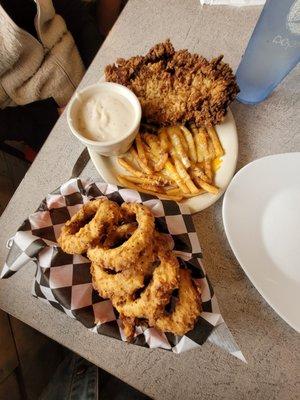 Chicken fried steak, onion rings, and cheesy fries!!! Portions are huge! Mom and I split this.