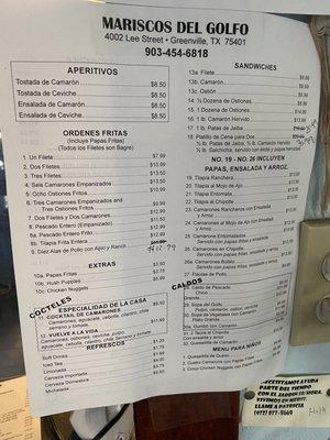 Menu in Spanish