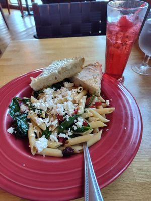 Athene Pasta with garlic focaccia and a tall unwieldy Shirley Temple.