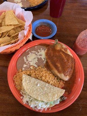 Beef taco,  chile relleno rice and beans