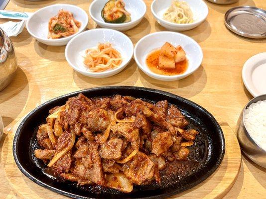 Spicy Pork Bulgogi with rice and banchan