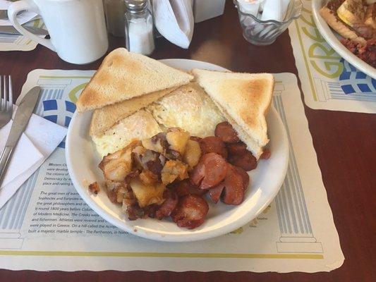 2 eggs, chourico, home fries and toast combo