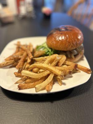 Mushroom burger with hand-cut fries.