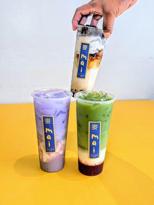 Oreo Brulee Boba, Taro with Taro Foam, and Strawberry Matcha Latte