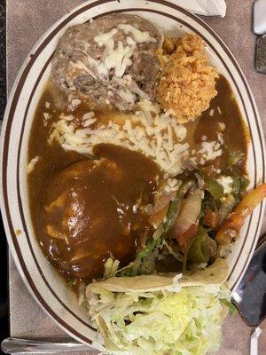 Combo plate. Beef taco. Cheese enchilada, chili rellano and steak ranchero. With beans and rice. Refried beans taste like the real deal!!