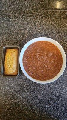 Kosher style beef chili with cornbread loaf