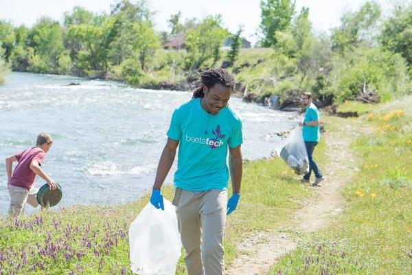 Zach seems to be having the time of his life, but while cleaning up garbage?