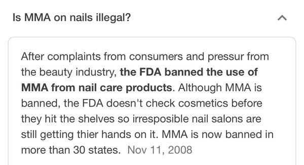 Proof that MMA monomer is banned from being used on nails.