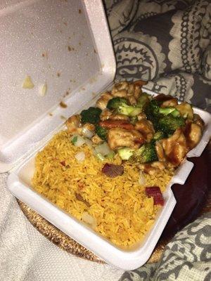 Chicken and broccoli with pork fried rice