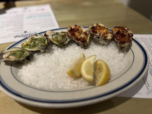 Half oyster Rockefeller and half oysters with bacon stuff (can't remember exact name)