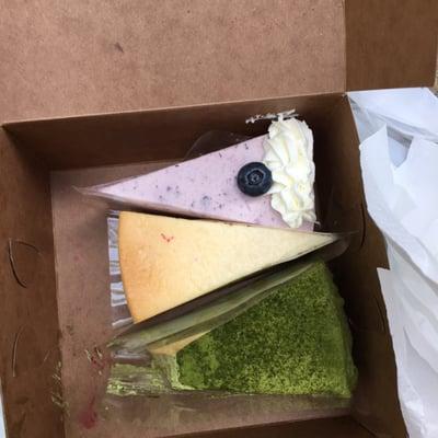 Green tea crepe and blueberry mousse are awesome! Not too sweet yummy  Cheese cake tastes a little bit salty, no idea why...