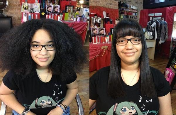 Before and after the Keratin Complex Smoothing Treatment - which eliminates frizz, cuts styling time, & makes hair shinier...