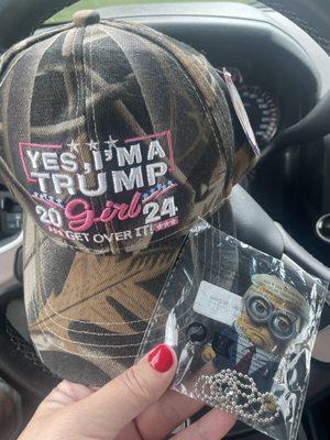 Trump girl hat and Trump Minion key chain