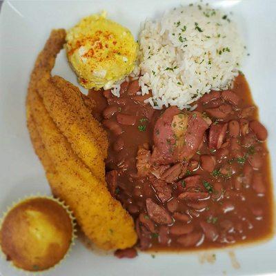 Red Beans and Rice, potato salad, Cornbread and Fried Cat Fish.