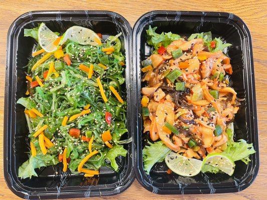 Sea weed salad and calamari salad