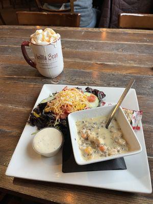 Wild rice soup, salad, carmel latte