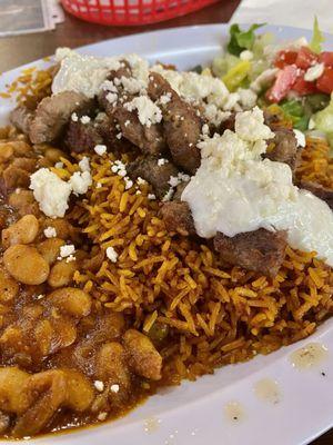 Lamb gyro plate with African White rice, beans, and house salad