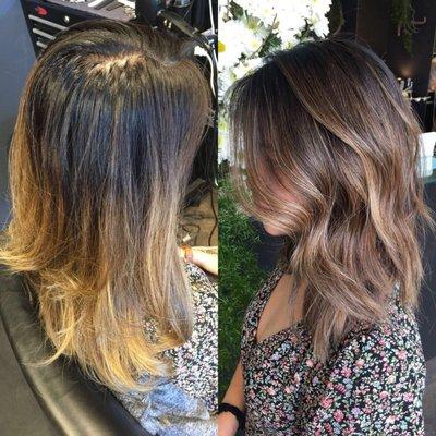 Before and after color and haircut done by Jacob! #springhairtrends #texturedlob #balayage