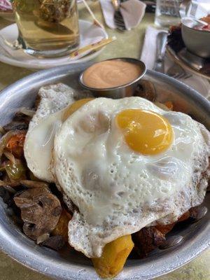 Potato,mushroom, egg skillet with sauce