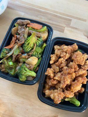 Marble beef (tender beef w scallops & veggies) & General tsos chicken