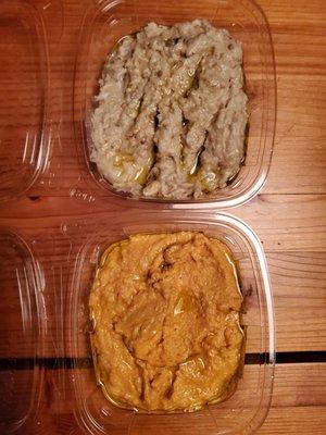 Baba ghanoush (top) and hummus (bottom)