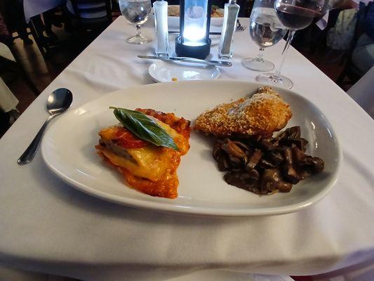 Cold lasagna to the left, and "chicken marsala" to the right which was the toughest and driest chicken in recorded history