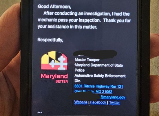 MD State Police response regarding inspection.