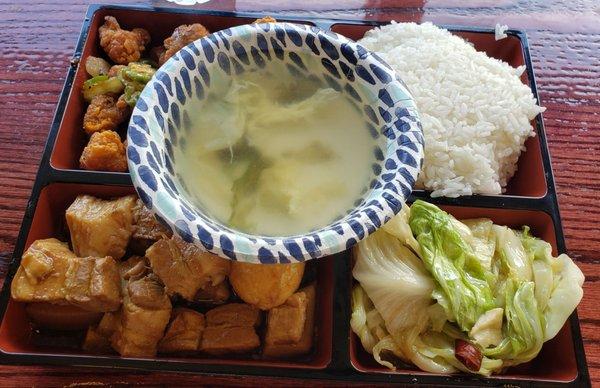 red braised pork, spicy fried chicken, and sautéed cabbage with soup