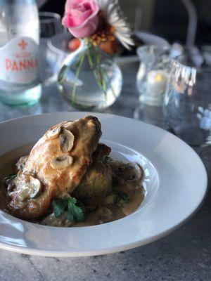 Chicken Marsala: mushroom, thyme, poached potato, marsala wine sauce