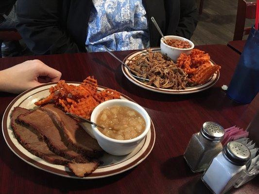 Brisket, pulled pork, applesauce, sweet potato fries