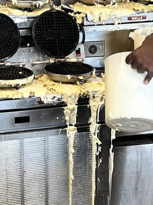 And yes he still trying to make waffles while looking at the mess