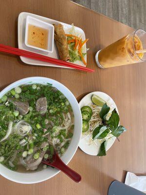 Pho, spring roll, Thai tea