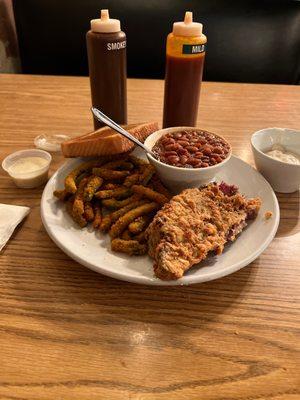 Fried brisket. Spicy green beans. BBQ beans.