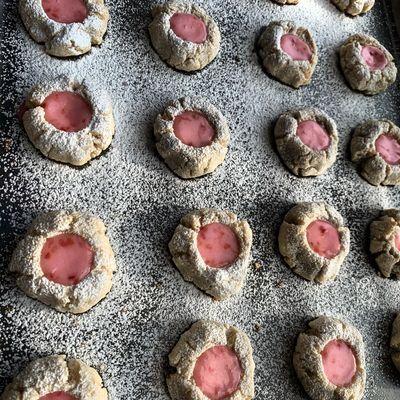 Seasonal pink lemonade thumbprint cookies!