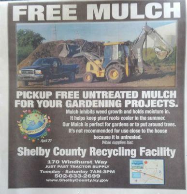 Pick up free mulch from the Shelby County Recycling Facility instead of buying bags at garden centers