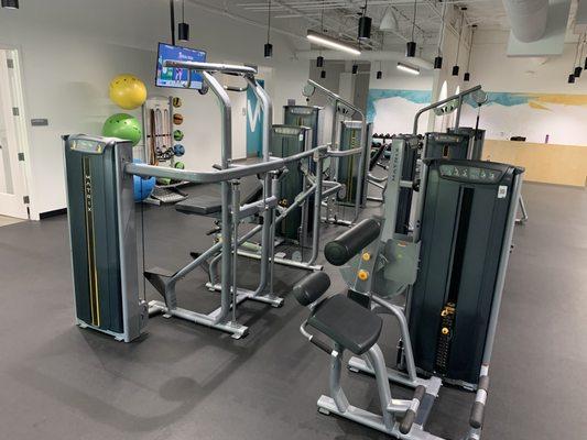 Multi-station equipment for a complete total body workout.