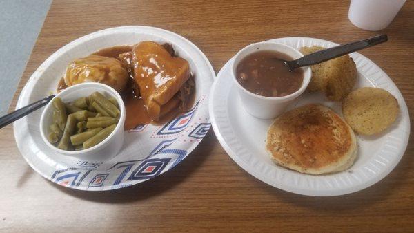 Small roast beef Manhattan with green beans, sm. beans&cornbread, fried tomatoes, and one peanut butter milkshake.  Total: $18.00.