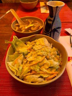 Clear soup, green salad, Sake