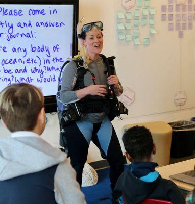 5th Grade teacher Ms. Sanders describing buoyancy. Special shoutout to Underwater Safaris who graciously let us borrow the equipment!!!