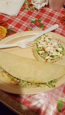 Hand made  tortillas, Sopes and Gorditas...   photo displays a Sencillo Sope and a pollo Quezadilla